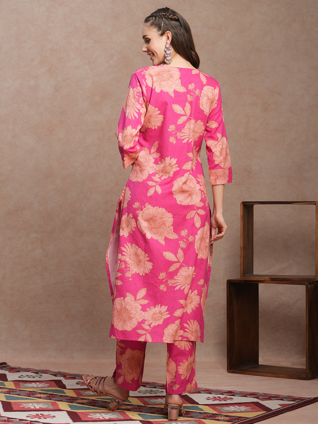 Floral Printed A-Line Pleated Co-ord Set - Pink