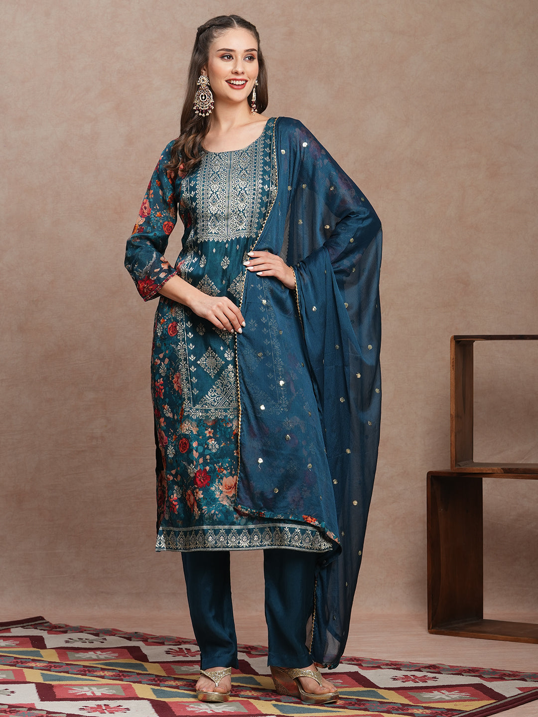 Floral Printed Jacquard Straight Kurta with Pant & Dupatta - Sea green