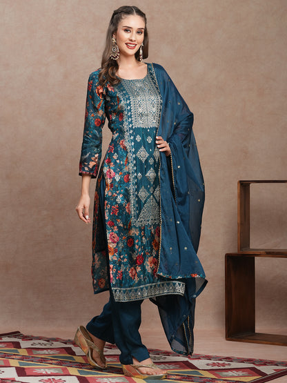 Floral Printed Jacquard Straight Kurta with Pant & Dupatta - Sea green