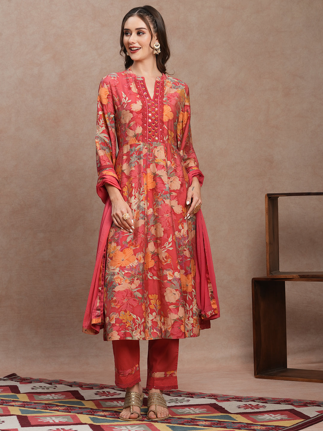 Floral Printed & Embroidered Anarkali Kurta with Pant and Dupatta - Peach