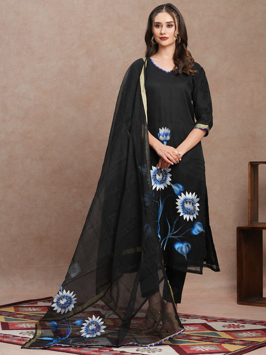 Floral Hand Painted Straight Fit Kurta with Pant and Dupatta - Black