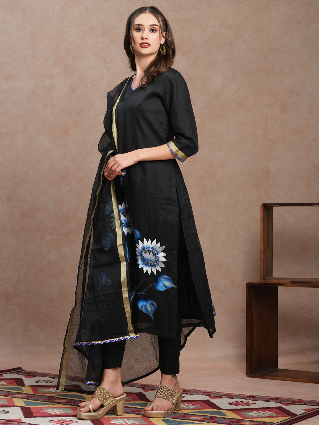 Floral Hand Painted Straight Fit Kurta with Pant and Dupatta - Black