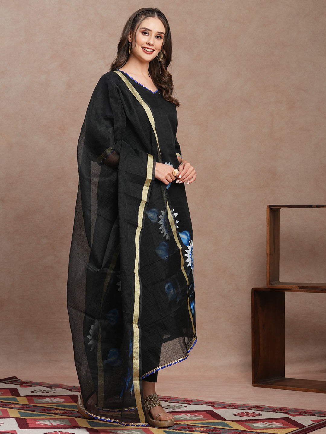 Floral Hand Painted Straight Fit Kurta with Pant and Dupatta - Black