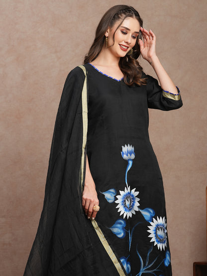 Floral Hand Painted Straight Fit Kurta with Pant and Dupatta - Black