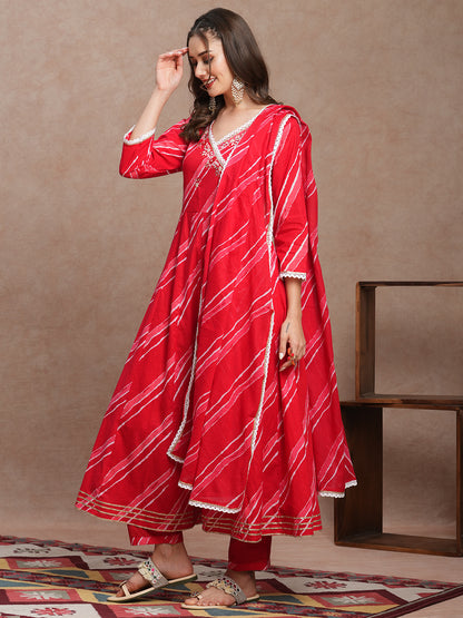 Leheriya Printed & Embroidered Anarkali Kurta with Pant & Dupatta - Red