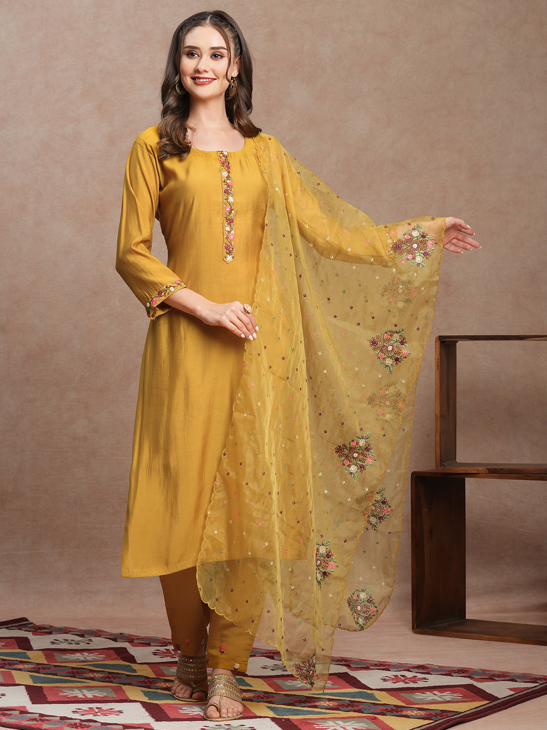 Floral Hand Embroidered Straight Fit Kurta with Pant & Dupatta - Mustard