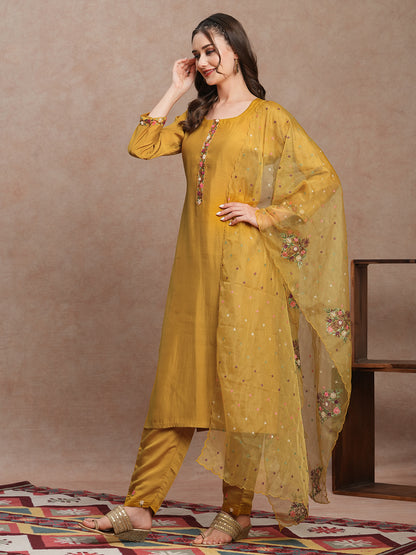 Floral Hand Embroidered Straight Fit Kurta with Pant & Dupatta - Mustard