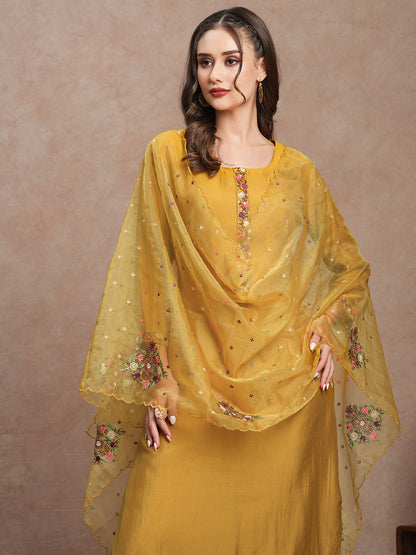 Floral Hand Embroidered Straight Fit Kurta with Pant & Dupatta - Mustard