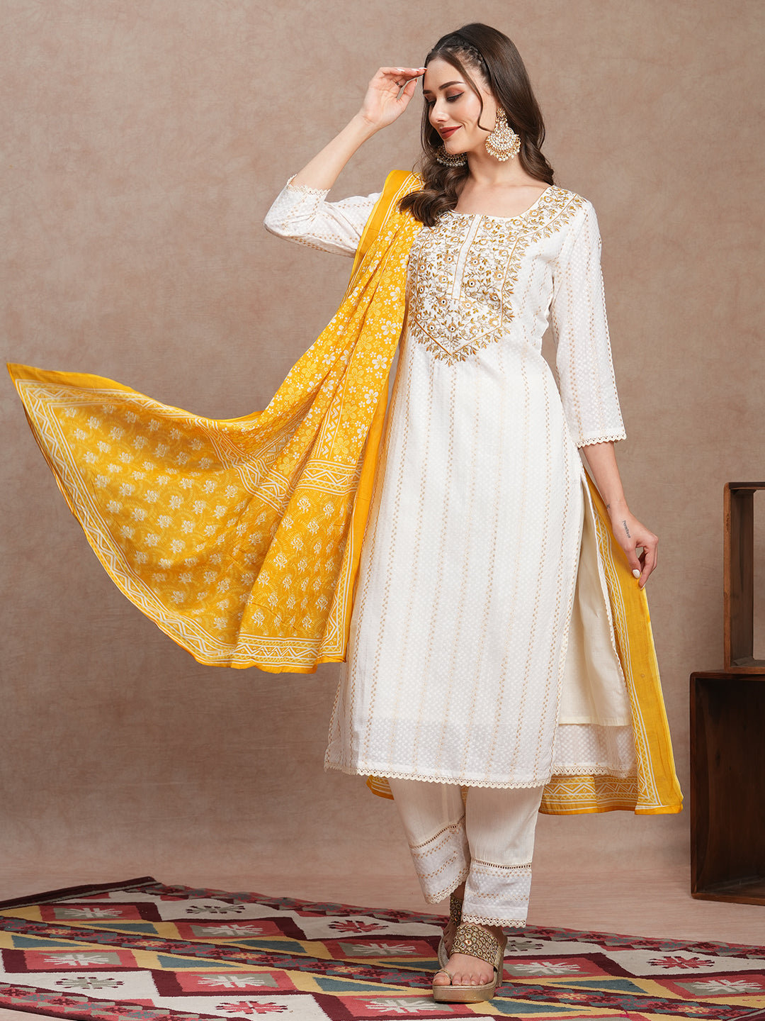 Solid Ethnic Woven Straight Fit Kurta with Pant & Dupatta - Off White