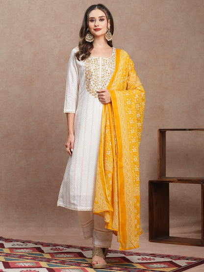 Solid Ethnic Woven Straight Fit Kurta with Pant & Dupatta - Off White