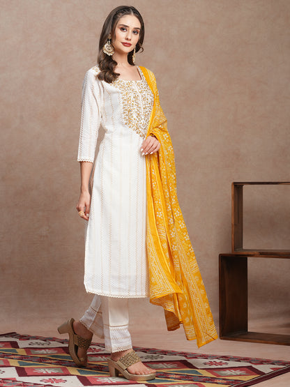 Solid Ethnic Woven Straight Fit Kurta with Pant & Dupatta - Off White