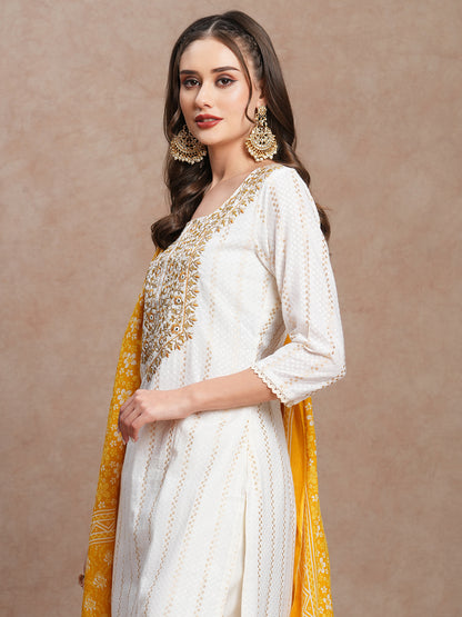 Solid Ethnic Woven Straight Fit Kurta with Pant & Dupatta - Off White