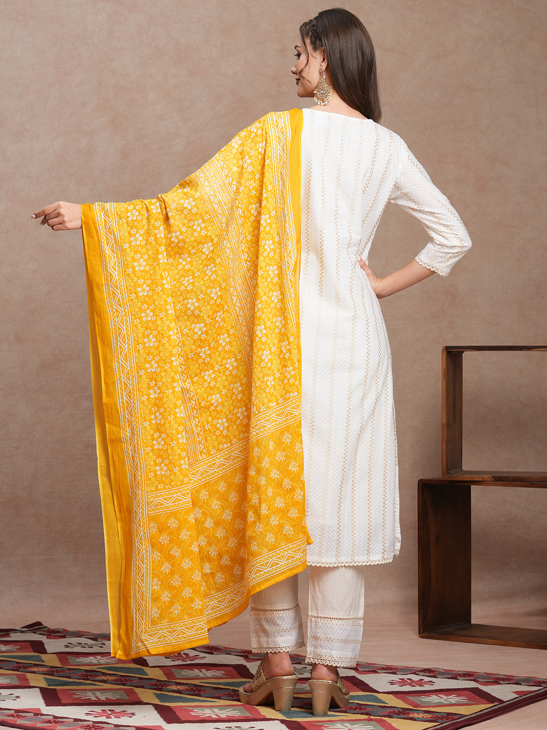 Solid Ethnic Woven Straight Fit Kurta with Pant & Dupatta - Off White