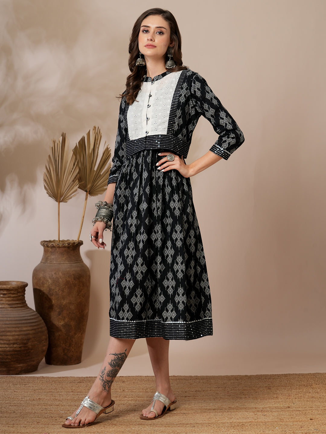 Ethnic Printed A-Line Flared Midi Dress with Short Printed Jacket - Black