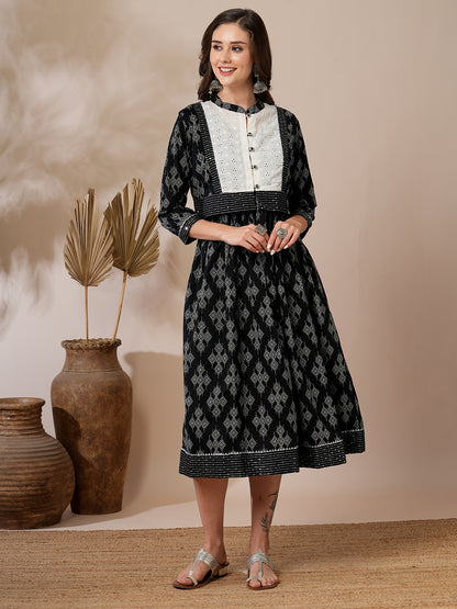 Ethnic Printed A-Line Flared Midi Dress with Short Printed Jacket - Black