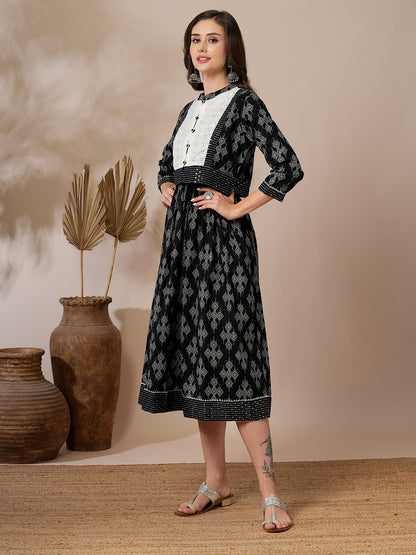 Ethnic Printed A-Line Flared Midi Dress with Short Printed Jacket - Black