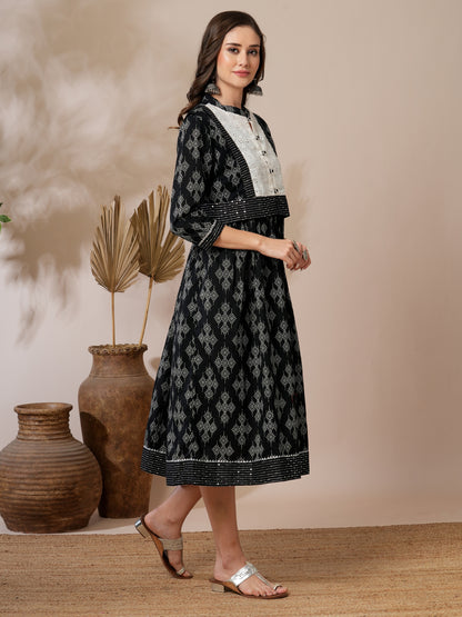 Ethnic Printed A-Line Flared Midi Dress with Short Printed Jacket - Black