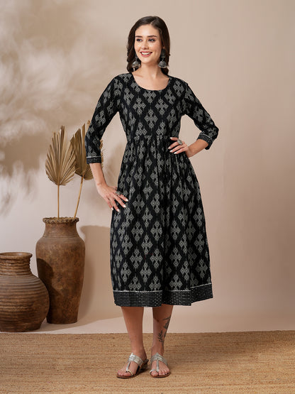 Ethnic Printed A-Line Flared Midi Dress with Short Printed Jacket - Black