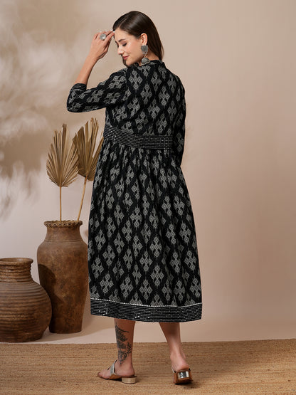 Ethnic Printed A-Line Flared Midi Dress with Short Printed Jacket - Black