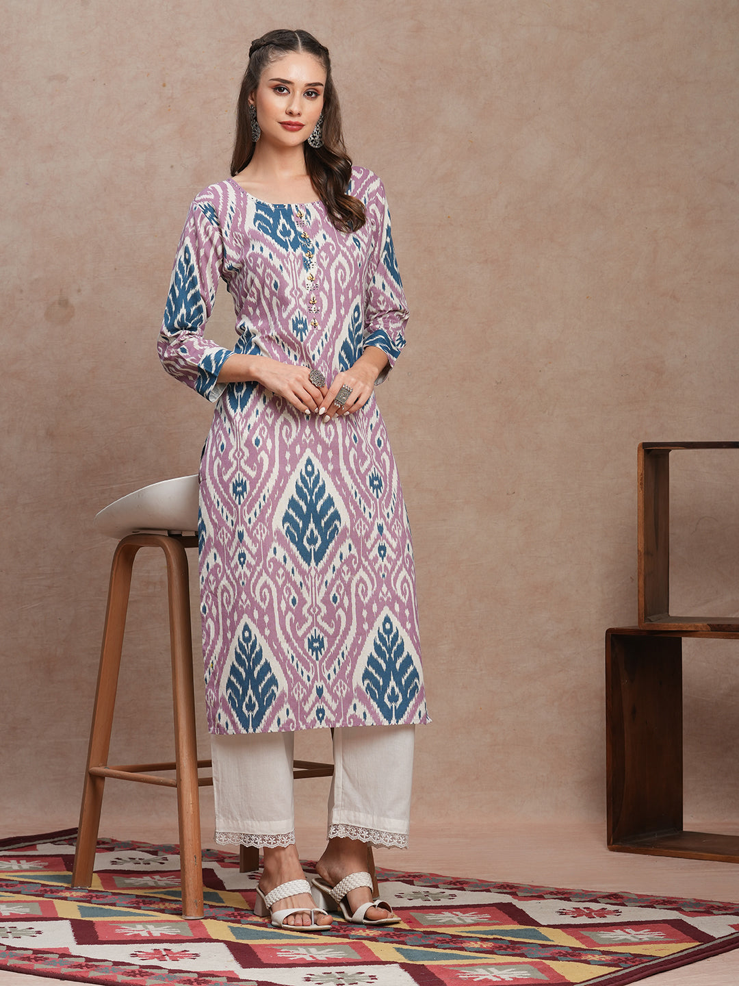 Ethnic Ikat Printed & Embroidered Straight Fit Kurta - Lavender