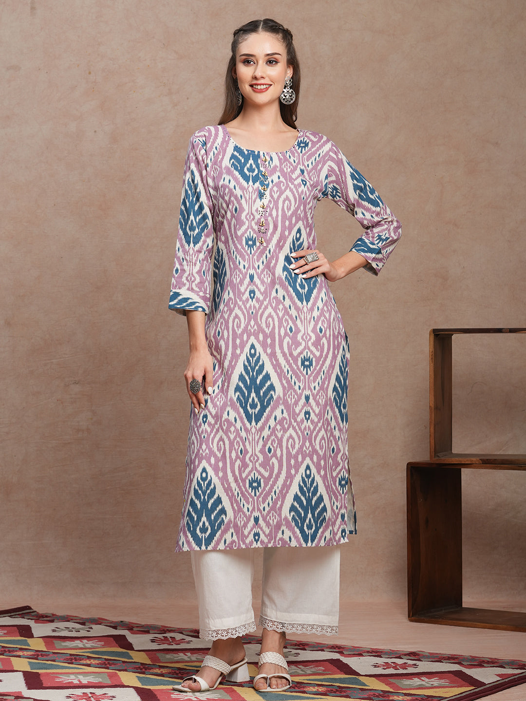 Ethnic Ikat Printed & Embroidered Straight Fit Kurta - Lavender