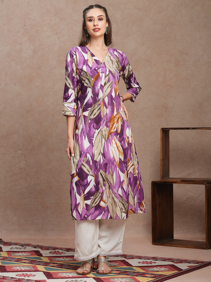 Abstract Floral Printed A-Line Kurta - Purple