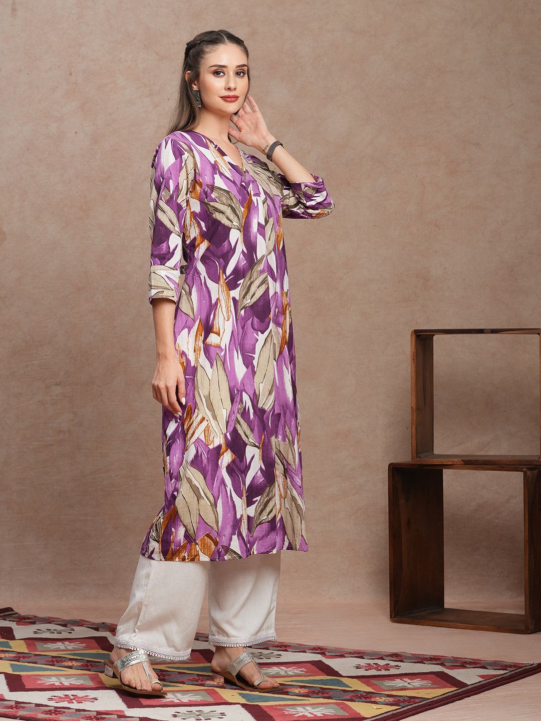 Abstract Floral Printed A-Line Kurta - Purple