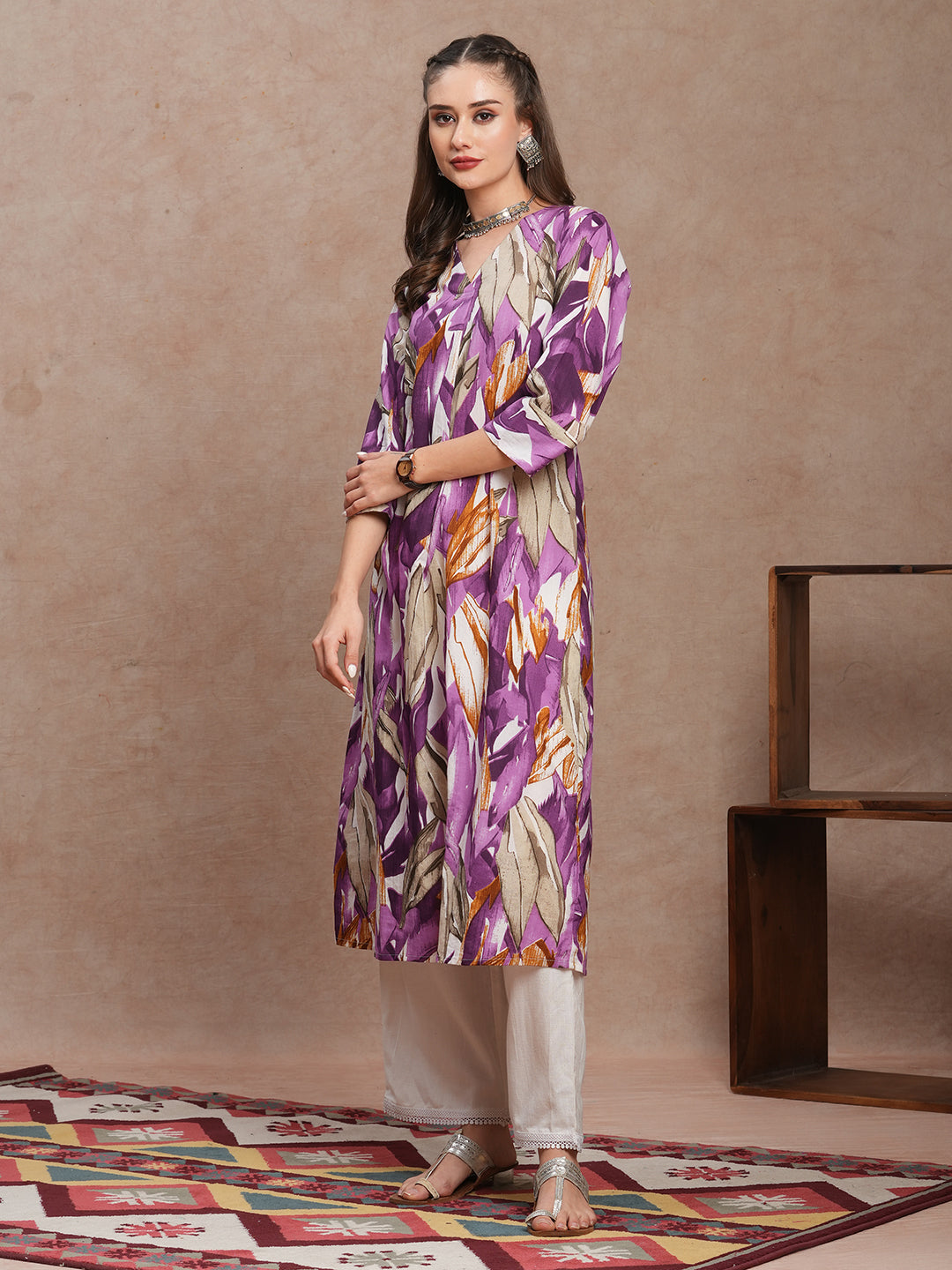 Abstract Floral Printed A-Line Kurta - Purple