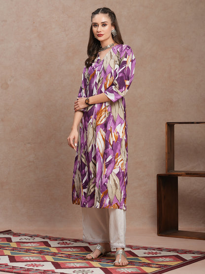 Abstract Floral Printed A-Line Kurta - Purple