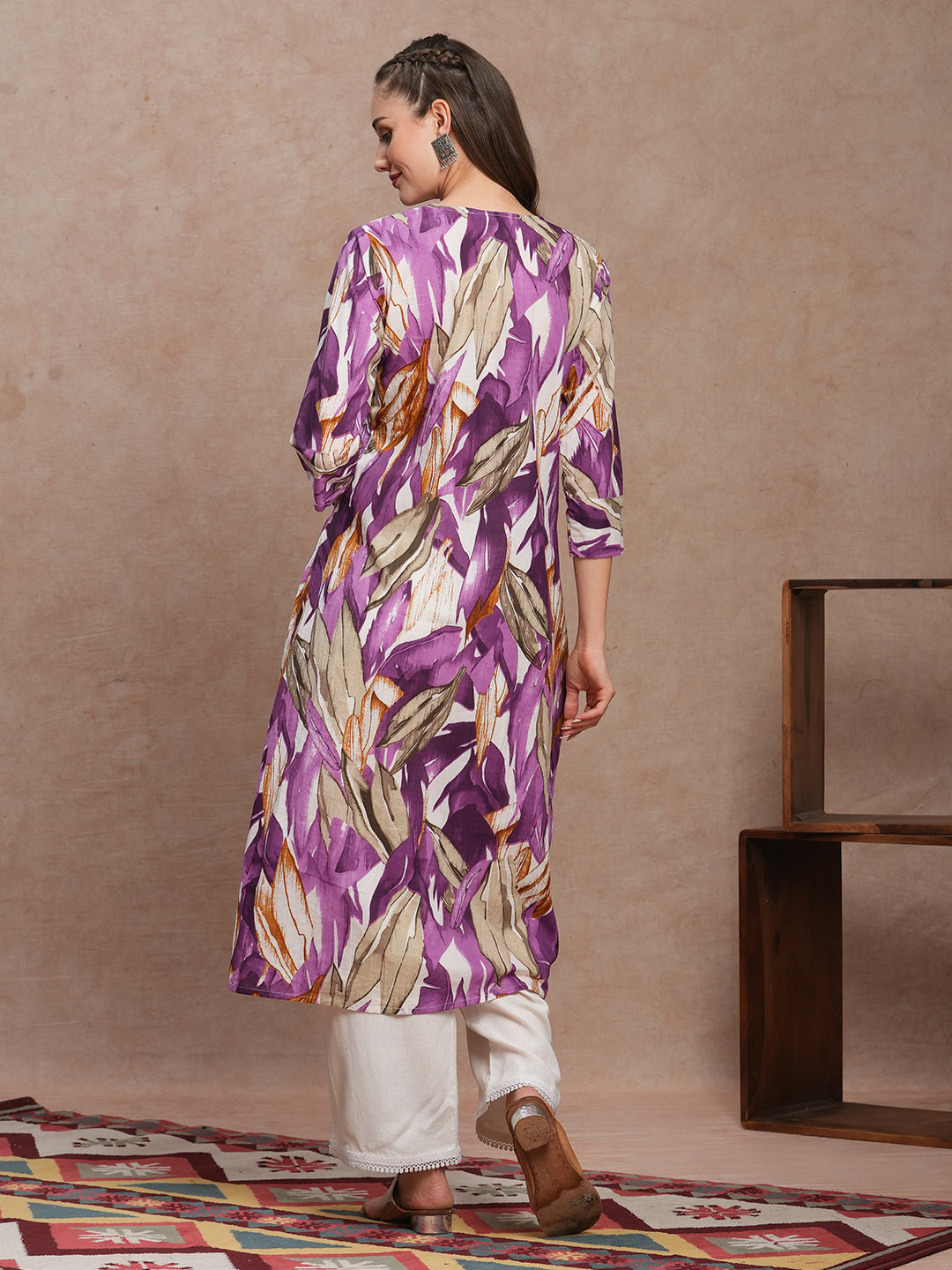 Abstract Floral Printed A-Line Kurta - Purple