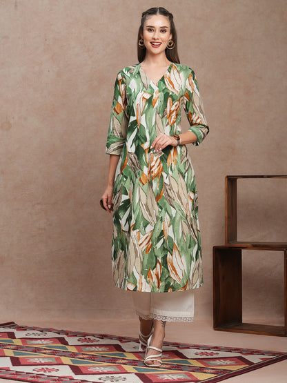 Abstract Floral Printed A-Line Kurta - Green