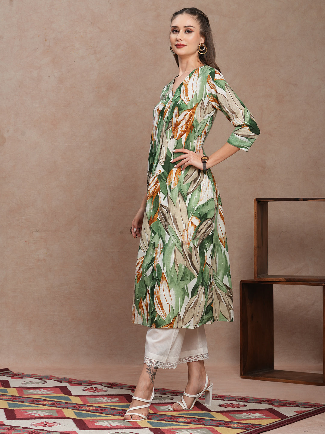 Abstract Floral Printed A-Line Kurta - Green