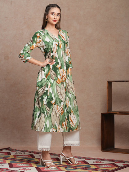 Abstract Floral Printed A-Line Kurta - Green