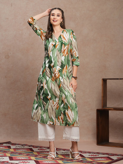 Abstract Floral Printed A-Line Kurta - Green