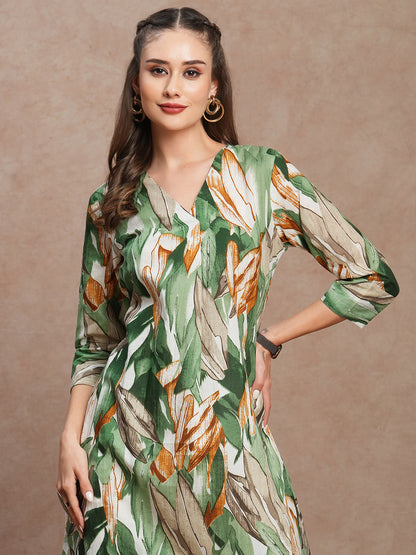 Abstract Floral Printed A-Line Kurta - Green