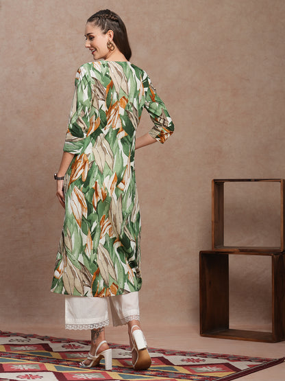 Abstract Floral Printed A-Line Kurta - Green