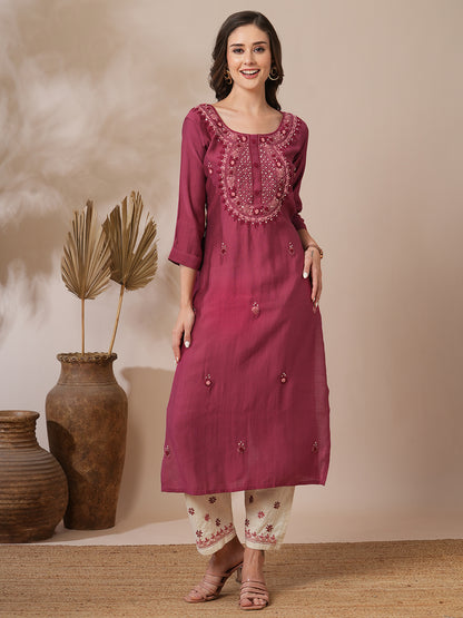 Solid Floral Hand Embroidered Straight Fit Kurta with Pant - Mauve