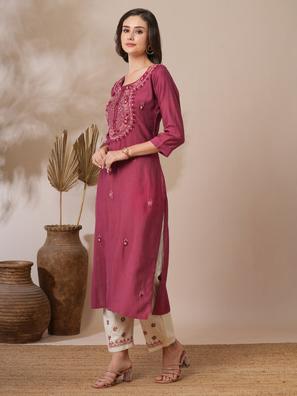 Solid Floral Hand Embroidered Straight Fit Kurta with Pant - Mauve