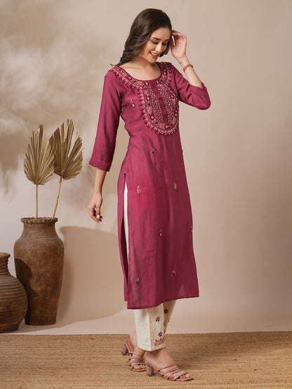 Solid Floral Hand Embroidered Straight Fit Kurta with Pant - Mauve