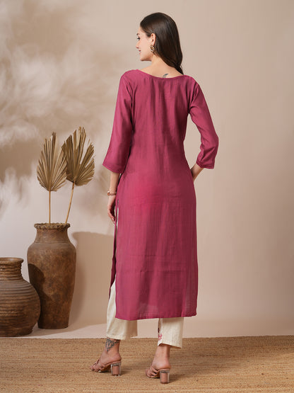 Solid Floral Hand Embroidered Straight Fit Kurta with Pant - Mauve