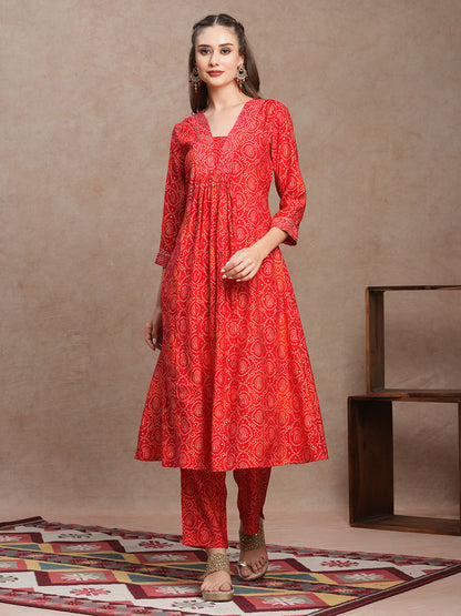 Ethnic Bandhani Foil Printed A-Line Co-ord Set - Red