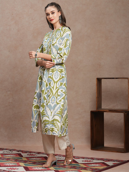 Abstract Floral Printed A-Line Pleated Kurta with Pant - Multi