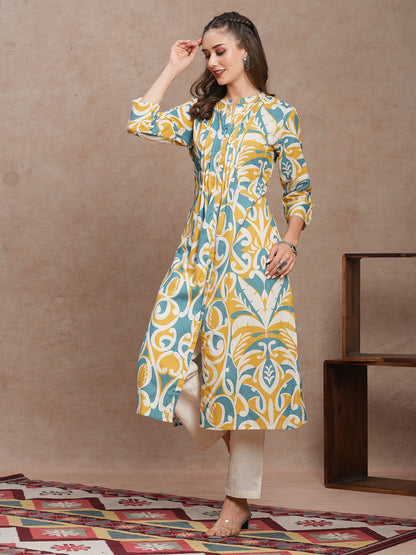 Abstract Floral Printed A-Line Pleated Kurta with Pant - Multi