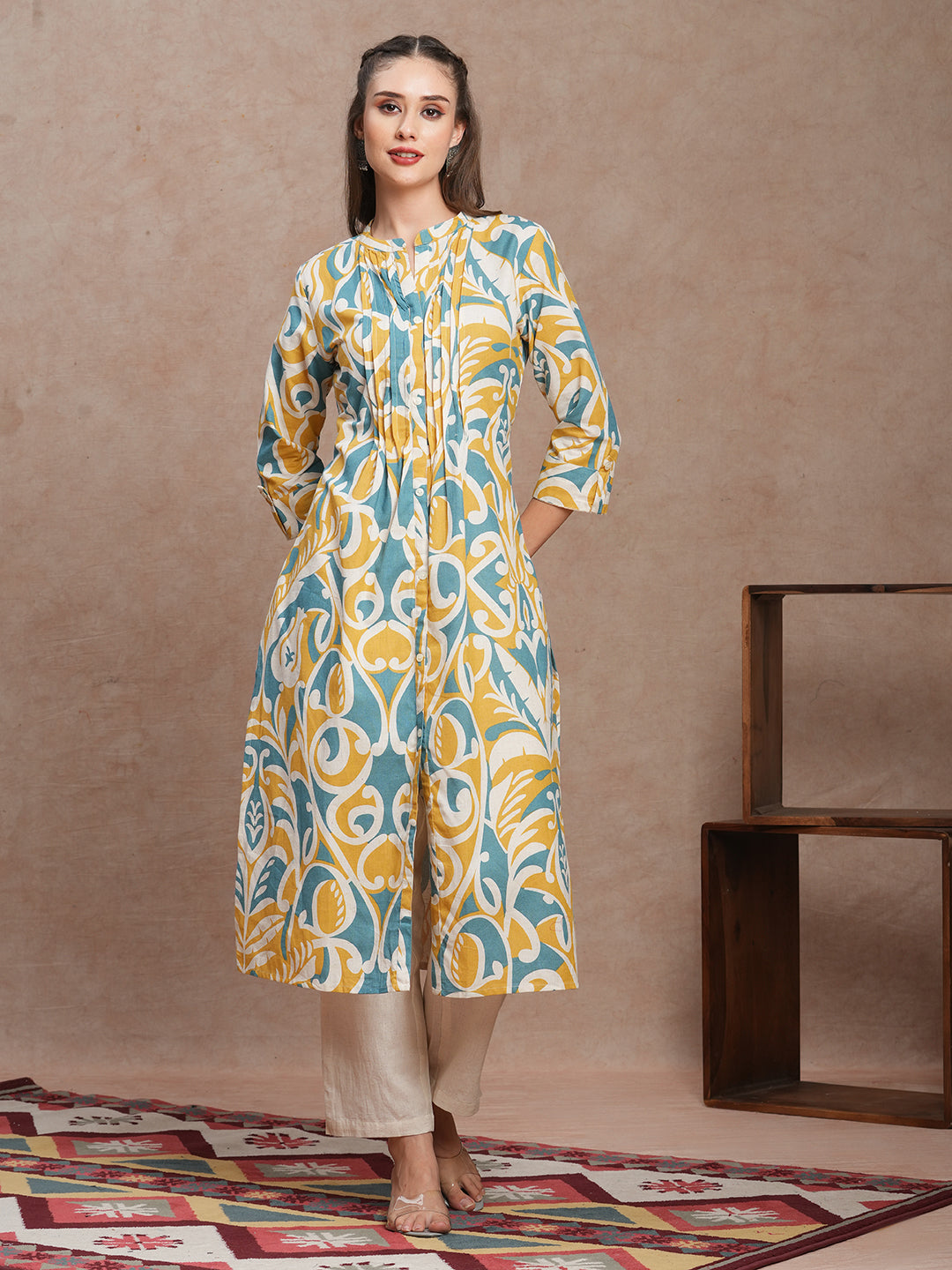 Abstract Floral Printed A-Line Pleated Kurta with Pant - Multi