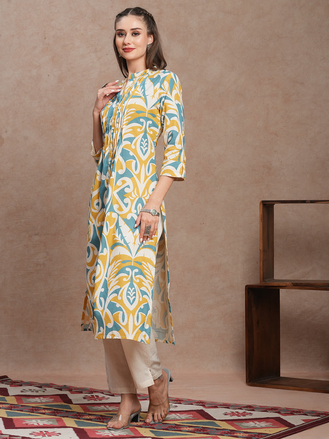 Abstract Floral Printed A-Line Pleated Kurta with Pant - Multi