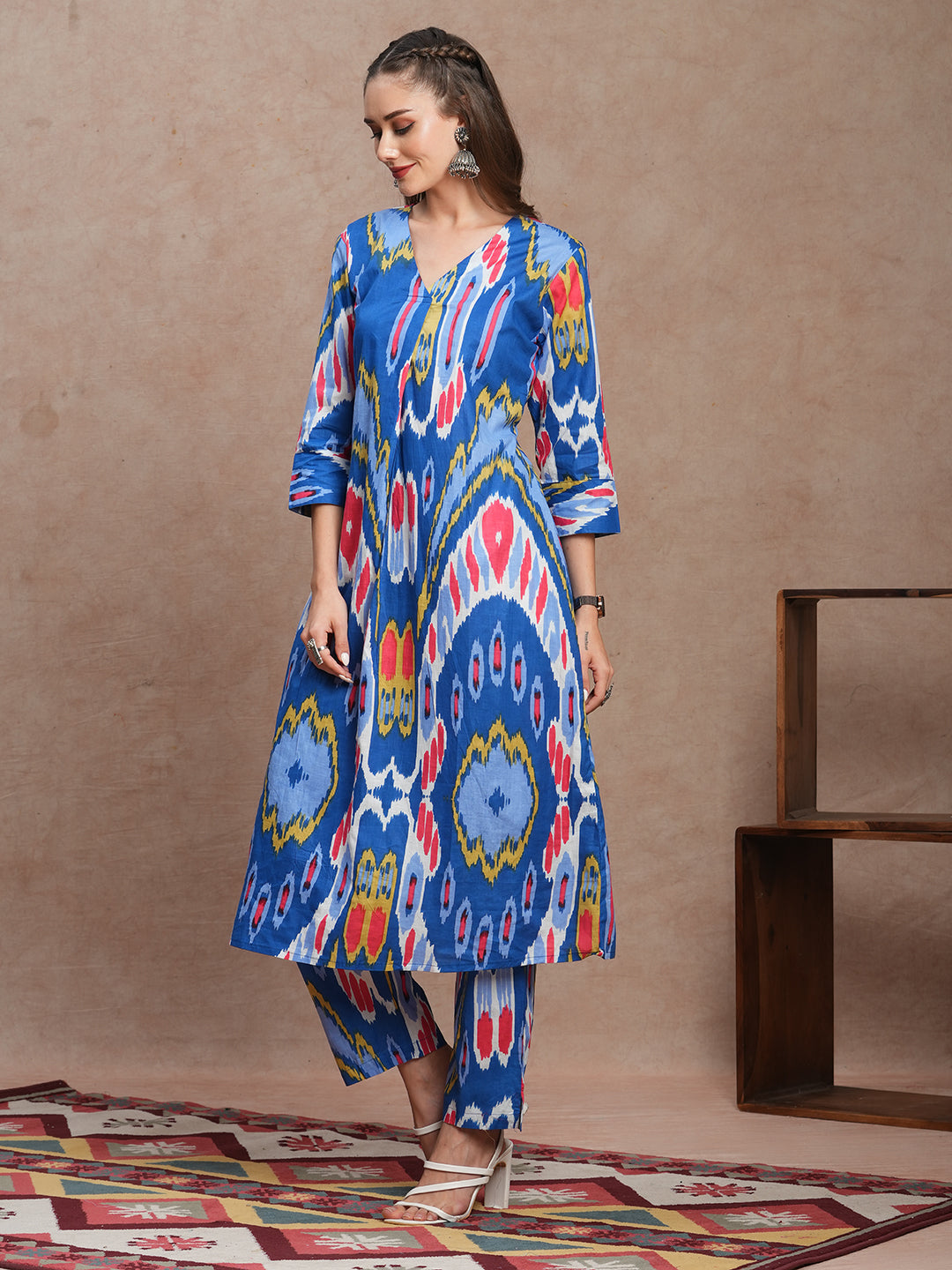 Abstract Ethnic Ikat Printed A-Line Co-ord Set - Blue