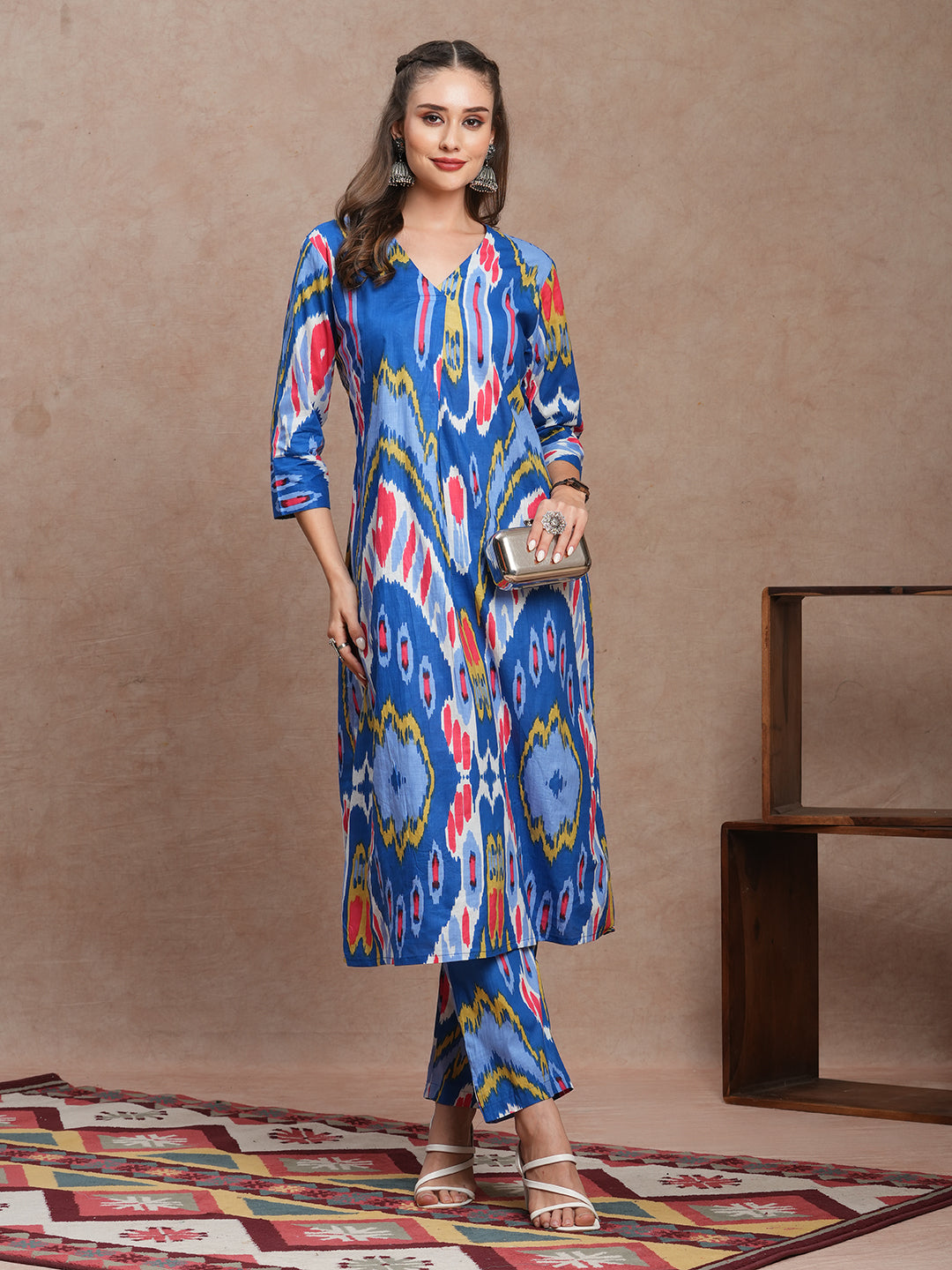 Abstract Ethnic Ikat Printed A-Line Co-ord Set - Blue