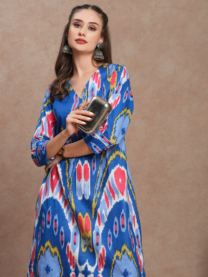 Abstract Ethnic Ikat Printed A-Line Co-ord Set - Blue