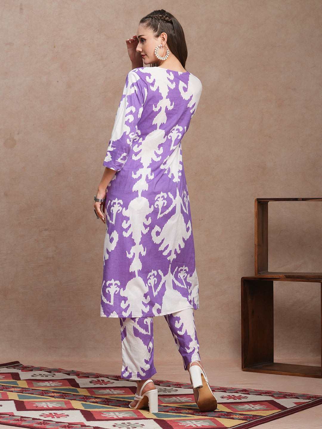 Abstract Ethnic Ikat Printed A-Line Co-ord Set - Purple