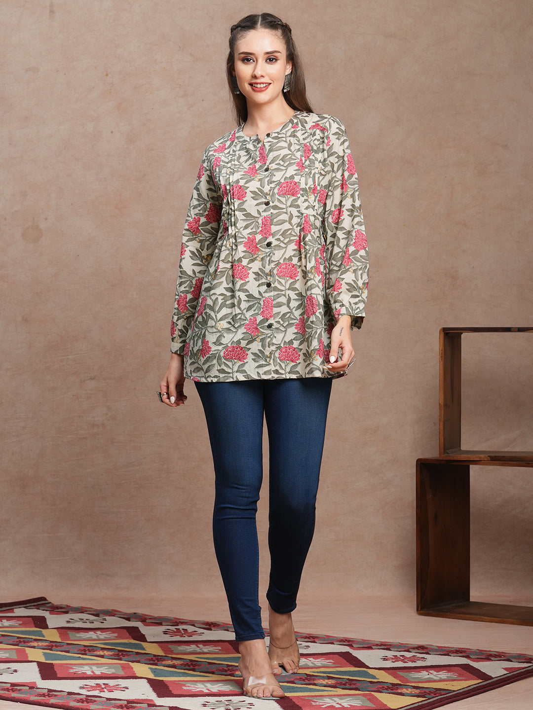 Ethnic Floral Printed Pin Tucked A-Line Pleated Kurti - Multi